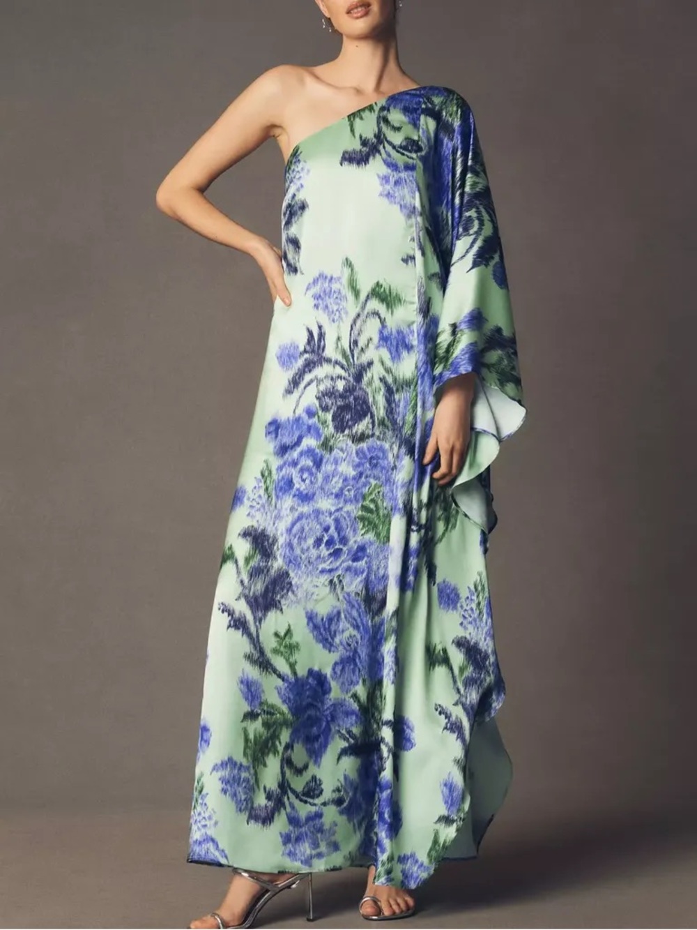 BHLDN Anthropologie One-Shoulder Floral Maxi Dress in Mint and Blue